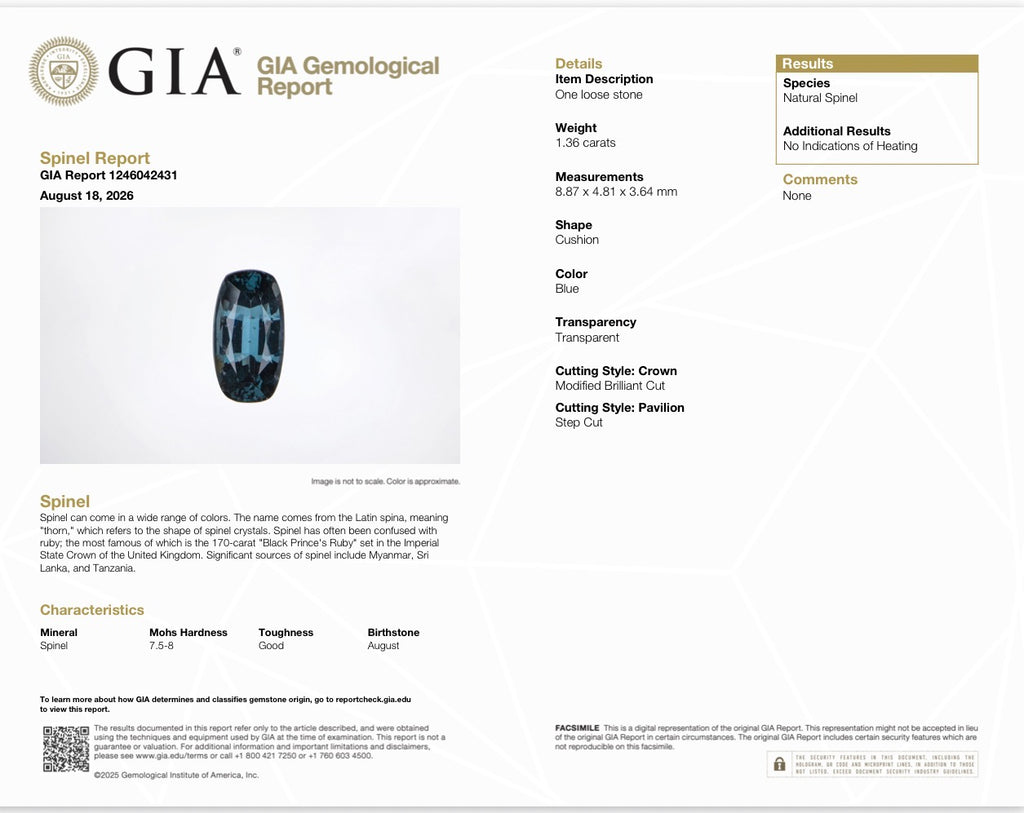 1.36 CT NATURAL BLUE SPINEL — GIA REPORT
