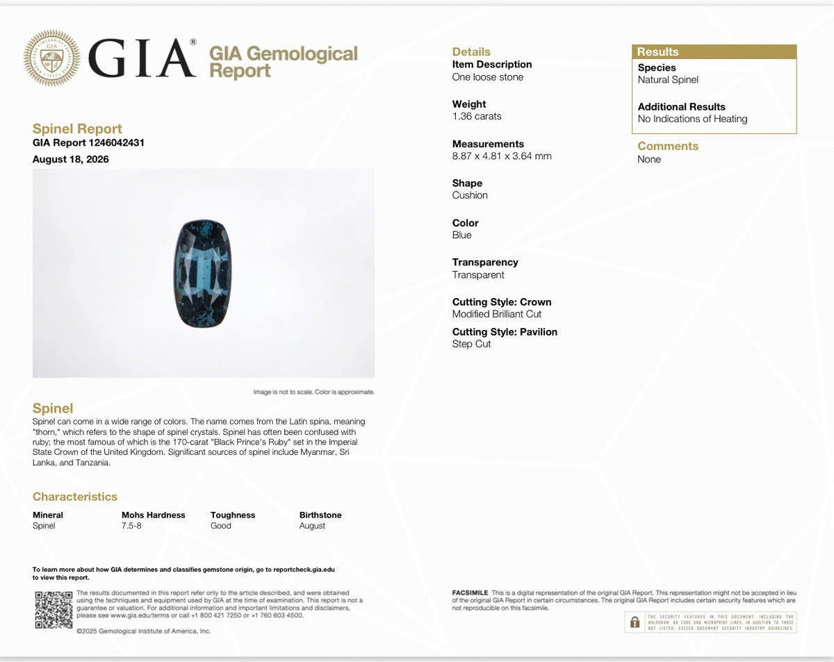 1.36 CT NATURAL BLUE SPINEL — GIA REPORT