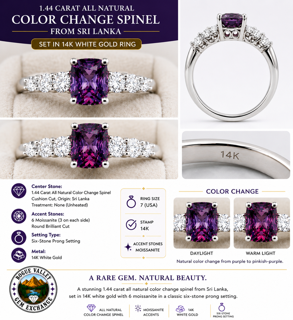 1.44 Ct Natural Color Shift Spinel from Sri Lanka set in 14k white gold