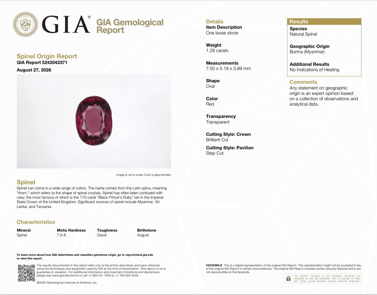 1.28 CT NATURAL BURMESE RED SPINEL — GIA CERTIFIED