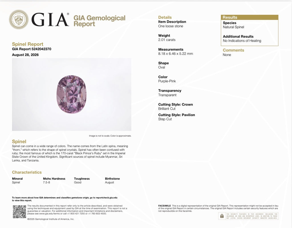 💜 2.01 CT NATURAL PURPLE-PINK SPINEL FROM AFGHANISTAN — GIA DOCUMENTED