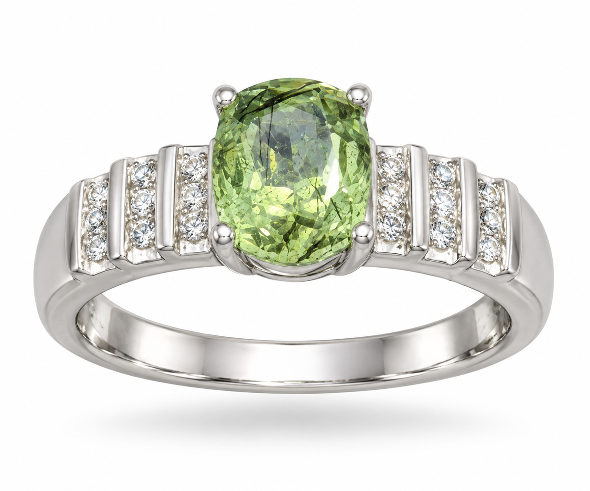 Natural Peridot Ring with Needle Inclusions • 925 Sterling Silver