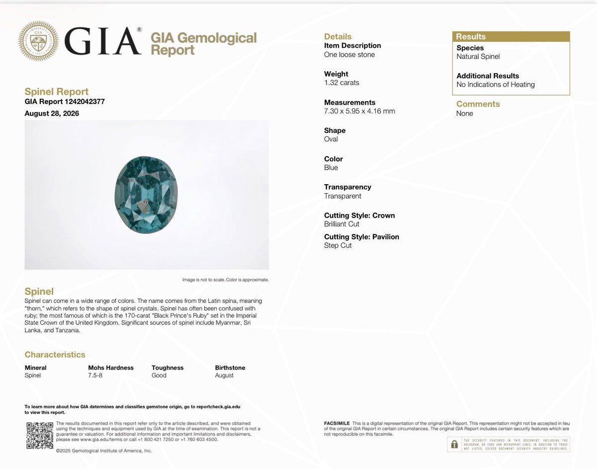 1.32 CT NATURAL BLUE SPINEL — GIA REPORT