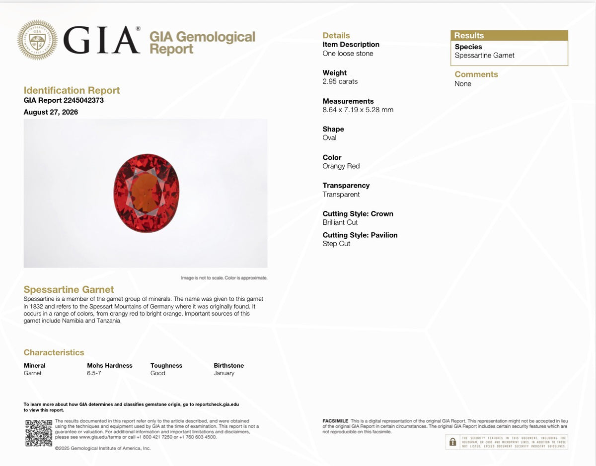 2.95 CT NATURAL NAMIBIAN SPESSARTITE GARNET — GIA REPORT