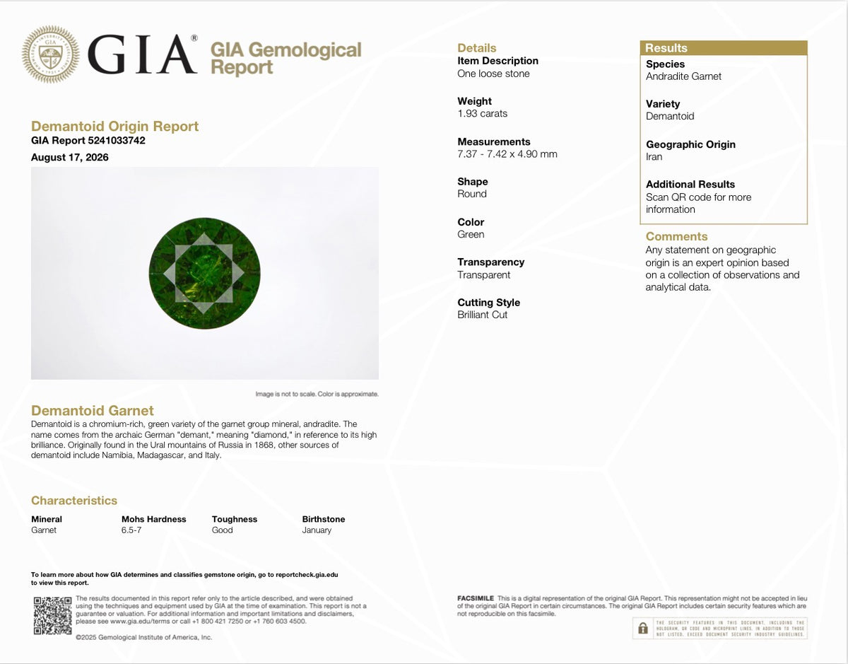 1.93ct Vivid Green Iranian Demantoid - GIA Certified, Horsetail Inclusion, 2ct