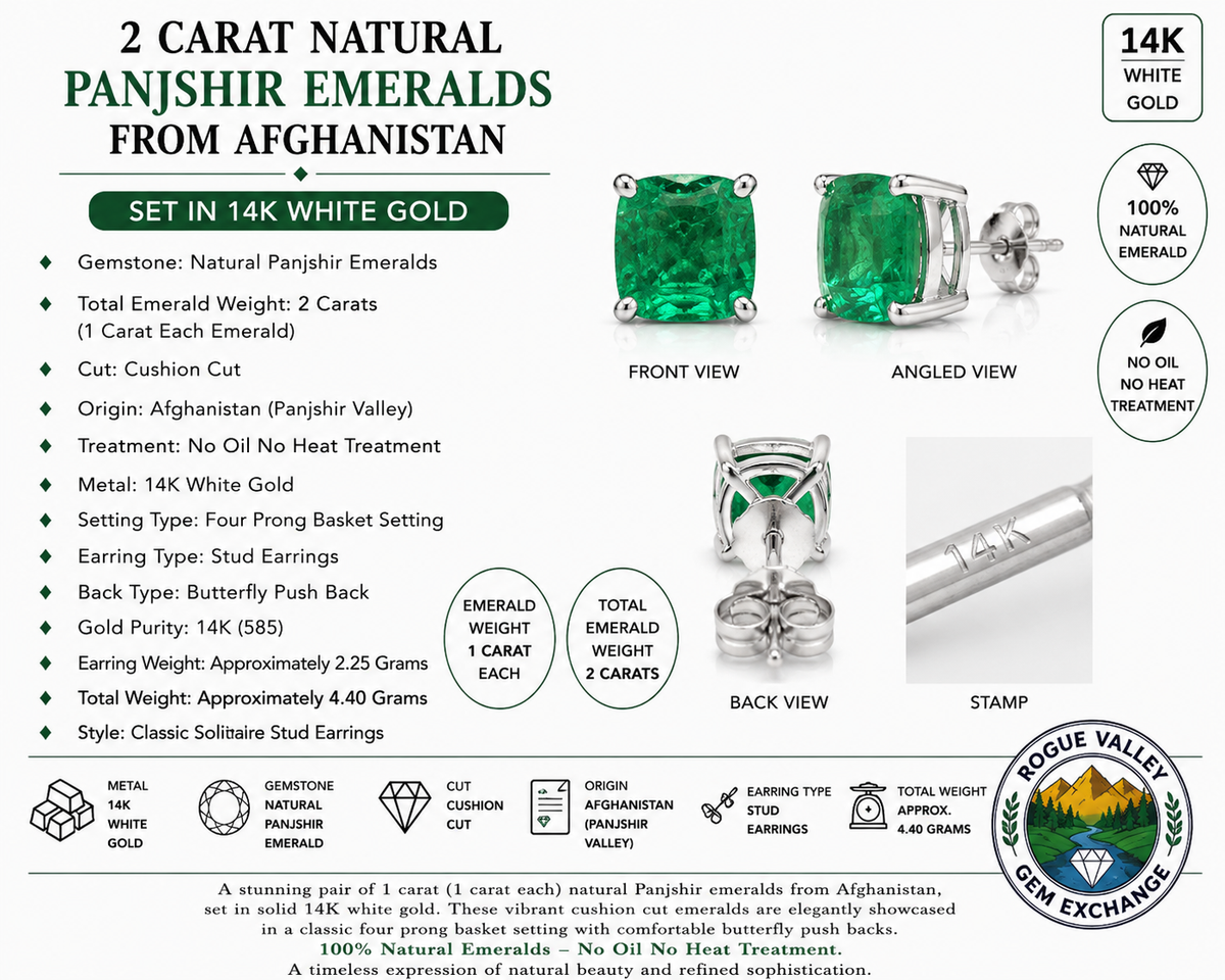 2.00 CTW Natural Panjshir Emerald Earrings • 14K White Gold