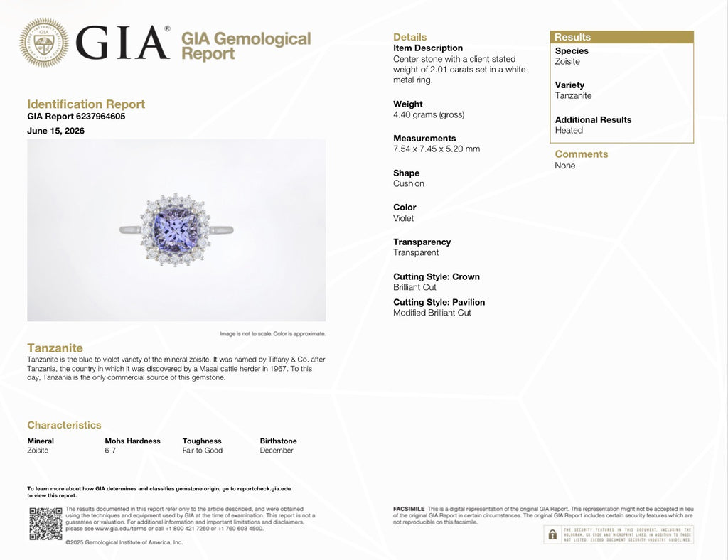 2 Carat Natural Tanzanite Halo Ring | 14K White Gold | GIA Report