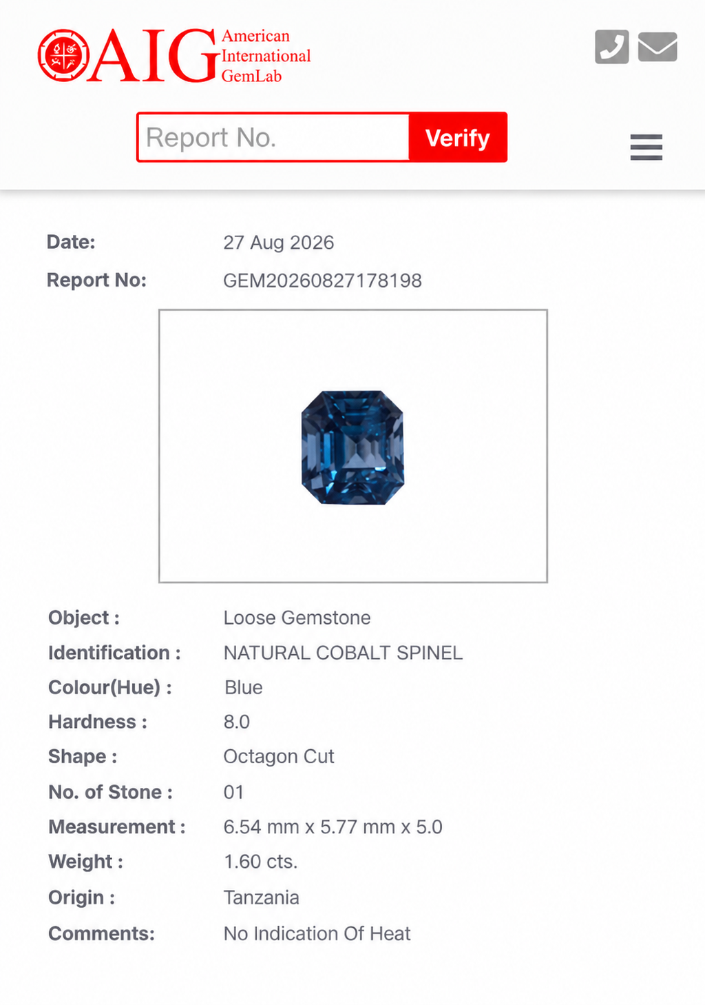 1.60 Carat Natural Cobalt Blue Spinel – Tanzania