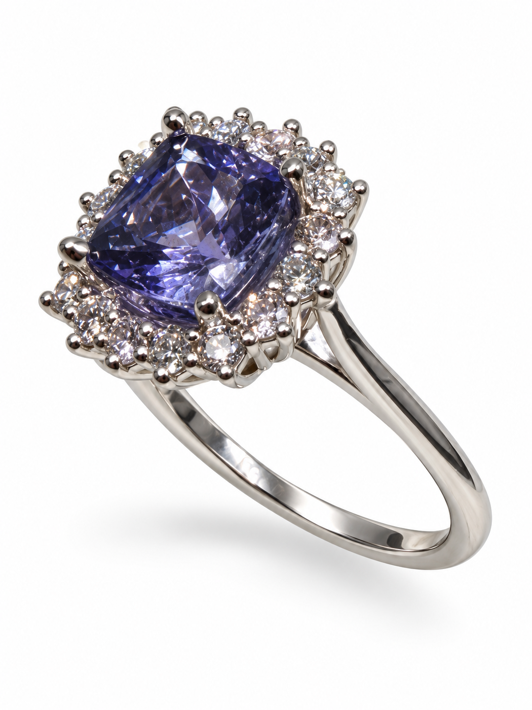 2 Carat Natural Tanzanite Halo Ring | 14K White Gold | GIA Report