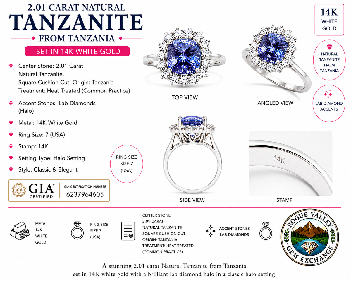 2 Carat Natural Tanzanite Halo Ring | 14K White Gold | GIA Report