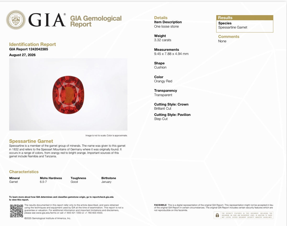 3.32 CT NATURAL SPESSARTITE GARNET – NAMIBIA – GIA REPORT