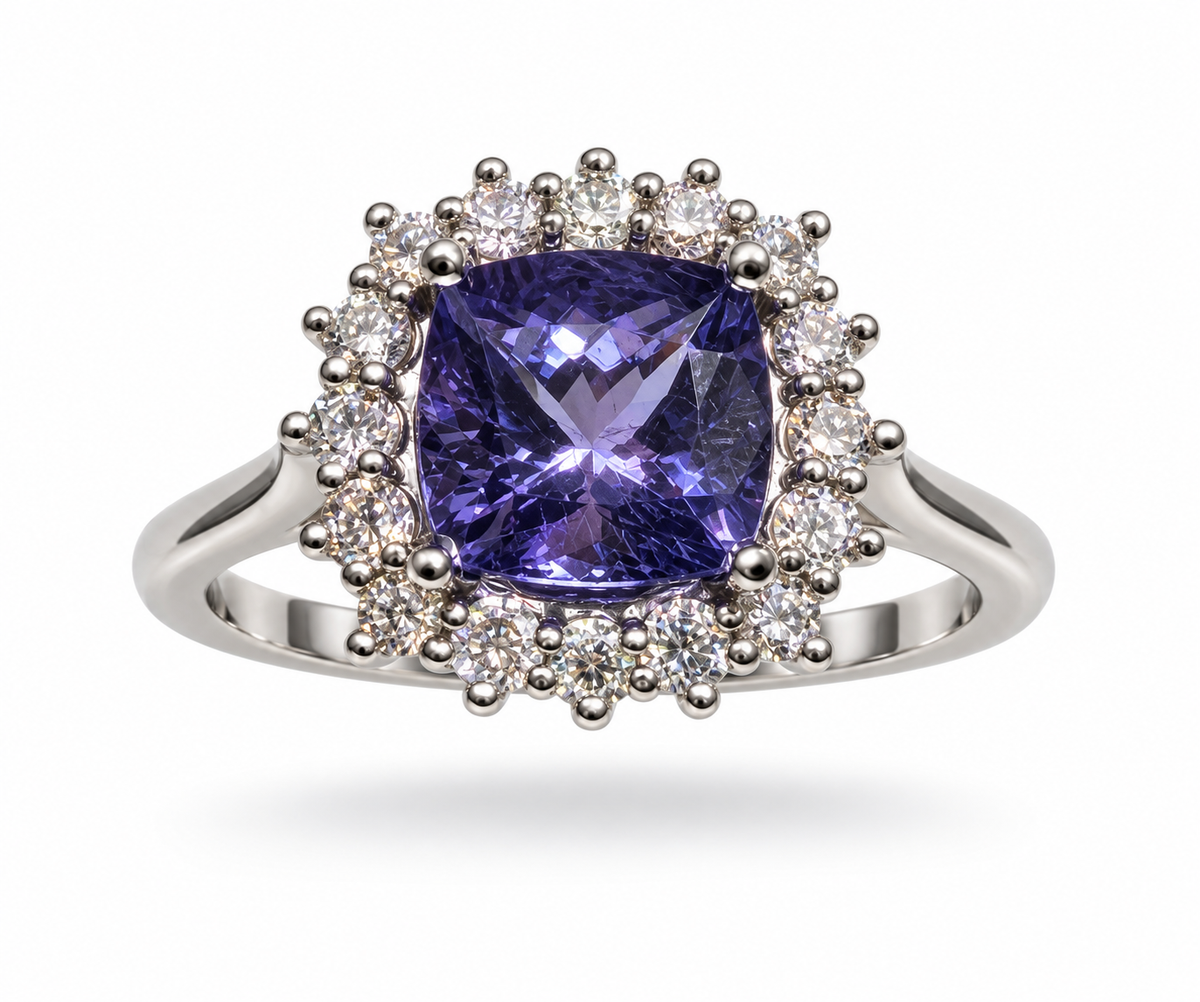 2 Carat Natural Tanzanite Halo Ring | 14K White Gold | GIA Report