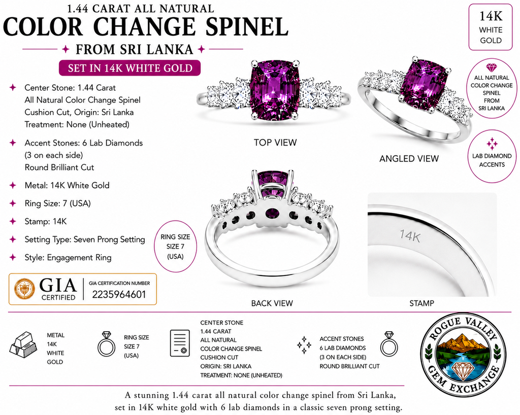 1.44 Ct Natural Color Shift Spinel from Sri Lanka set in 14k white gold