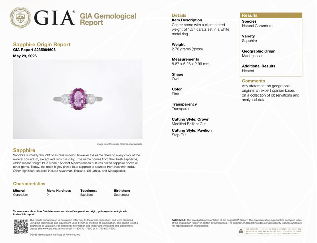 1.57 Ct Natural Pink Sapphire • Madagascar • 14K White Gold • GIA Certified