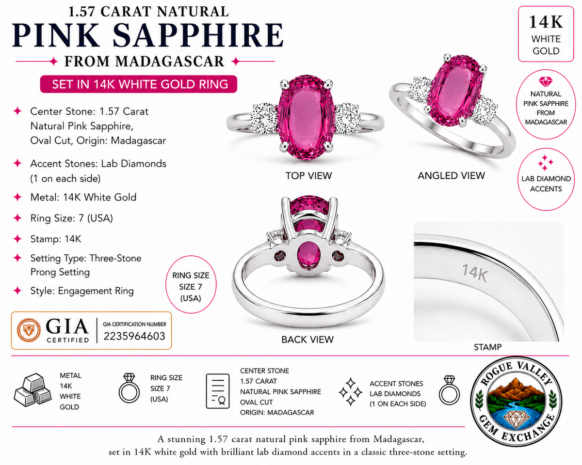 1.57 Ct Natural Pink Sapphire • Madagascar • 14K White Gold • GIA Certified