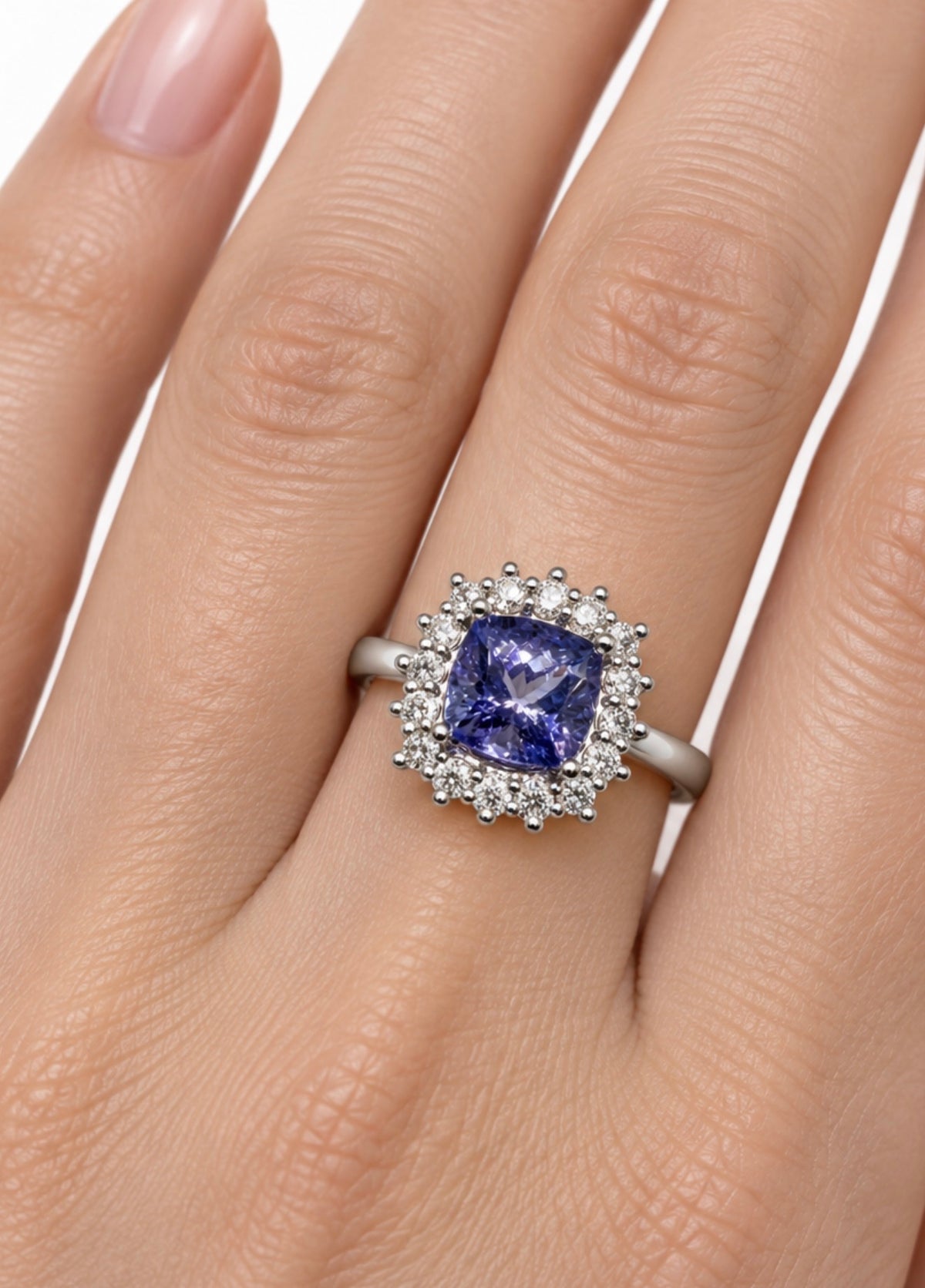 2 Carat Natural Tanzanite Halo Ring | 14K White Gold | GIA Report