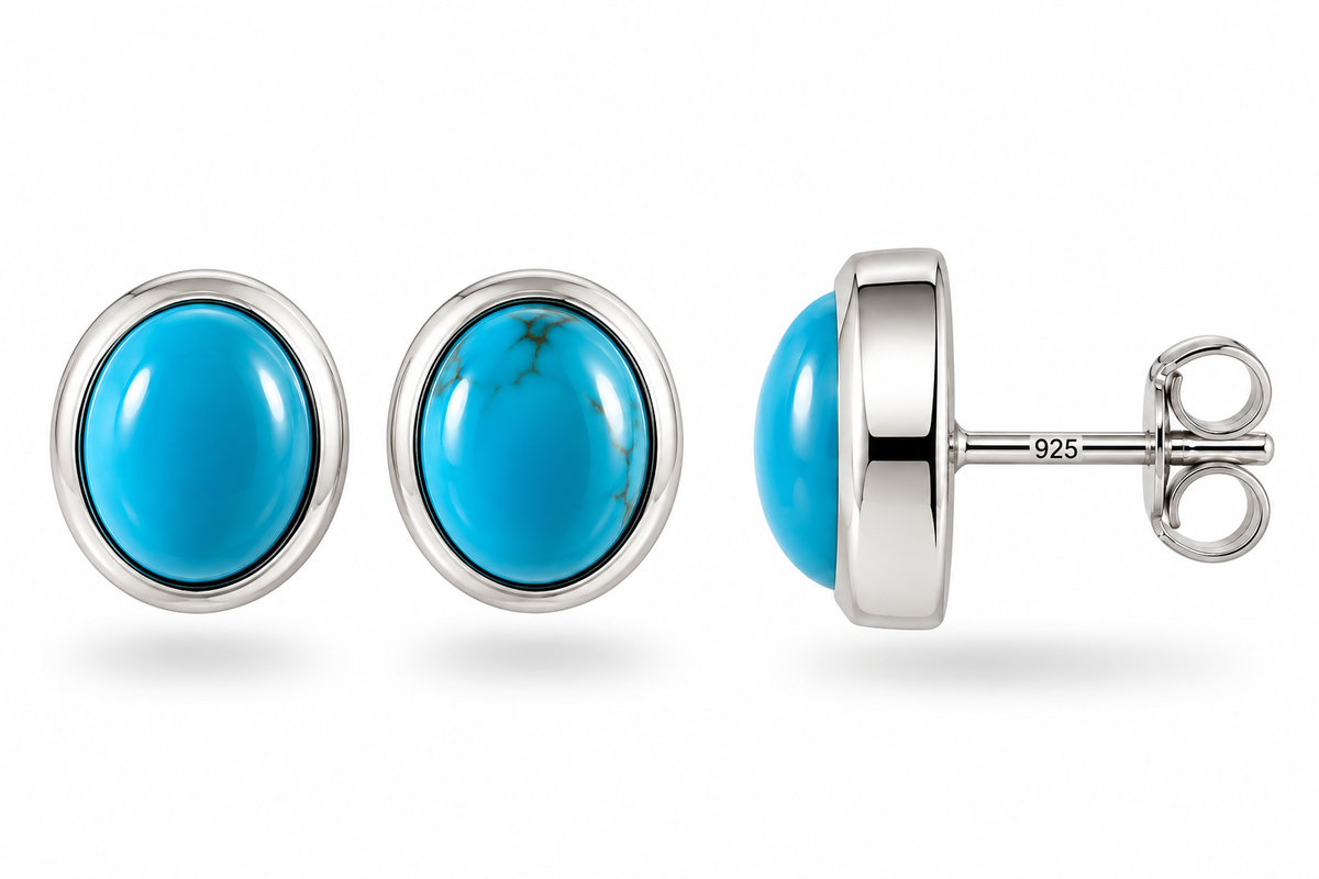 Natural Persian Turquoise Stud Earrings — Neyshabur, Iran | 925 Sterling Silver