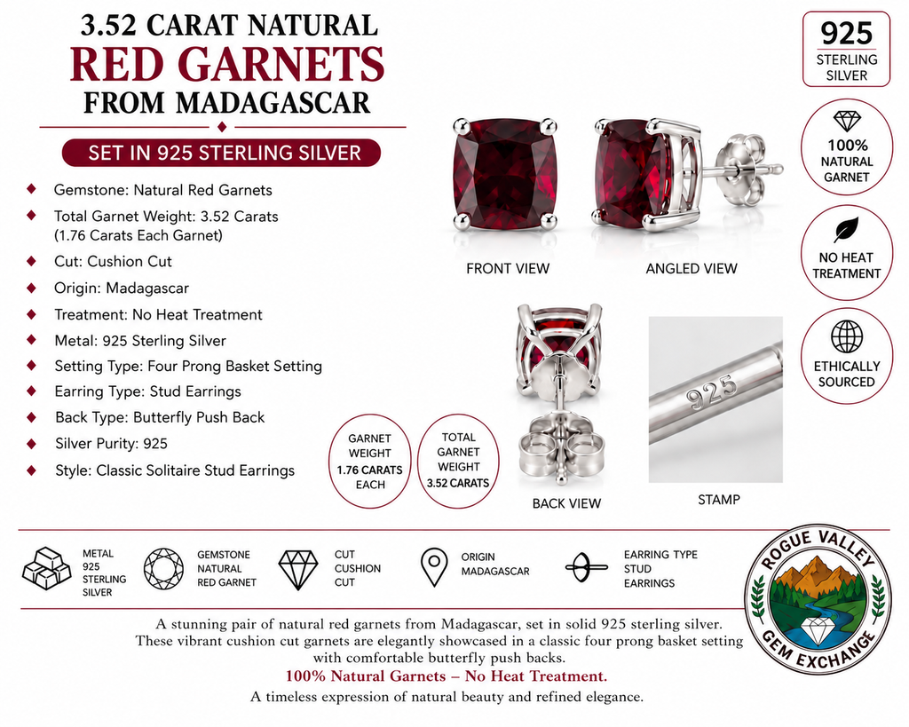 3.52 CT Natural Red Garnet Stud Earrings – Madagascar – 925 Sterling Silver