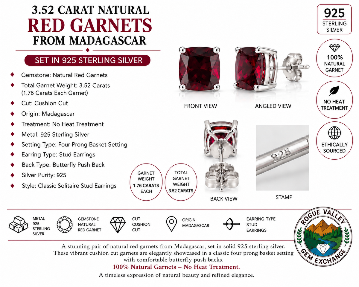 3.52 CT Natural Red Garnet Stud Earrings – Madagascar – 925 Sterling Silver