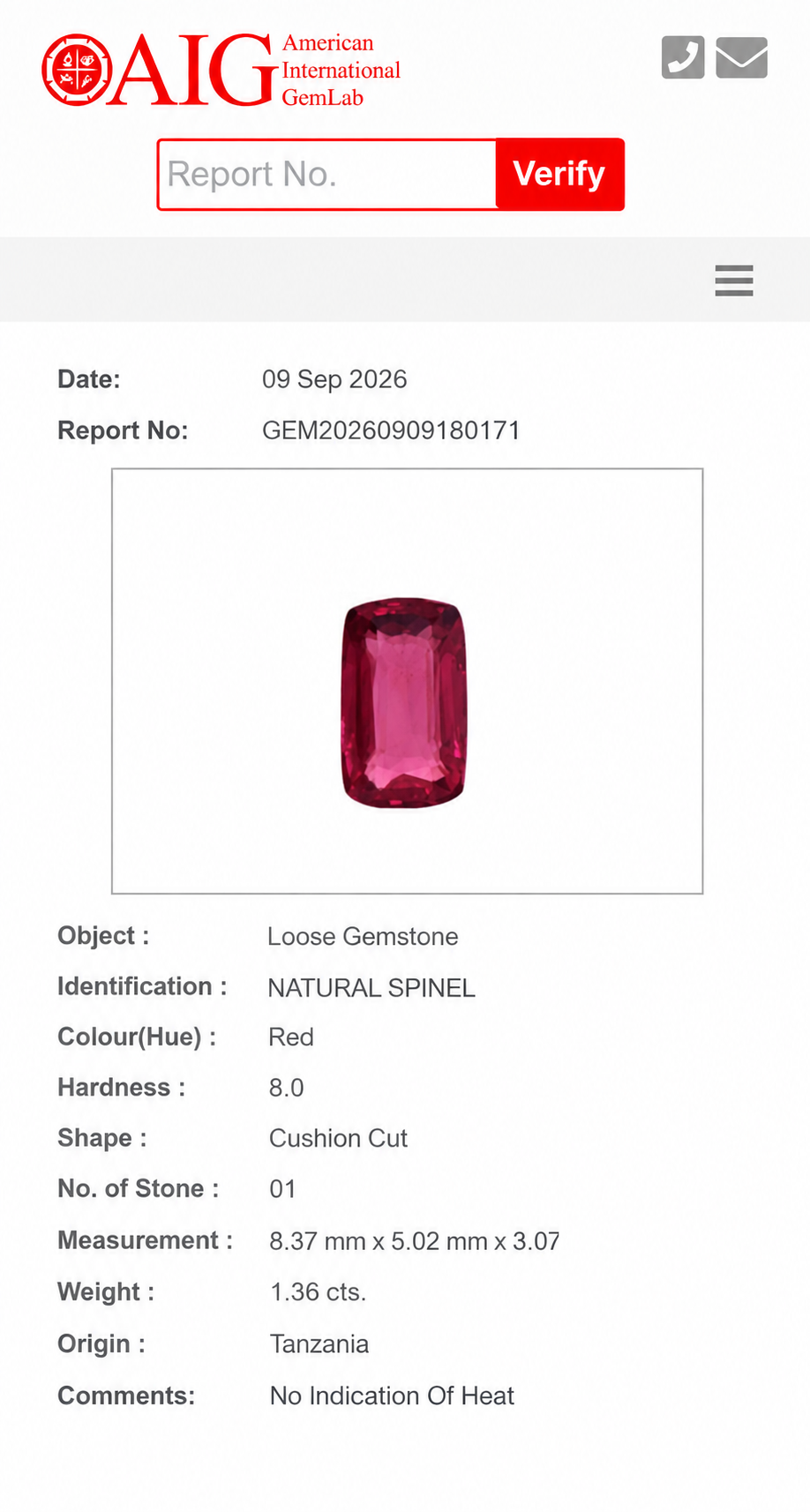 1.36 Carats | Natural Red Spinel - Tanzania
AIG GemLab