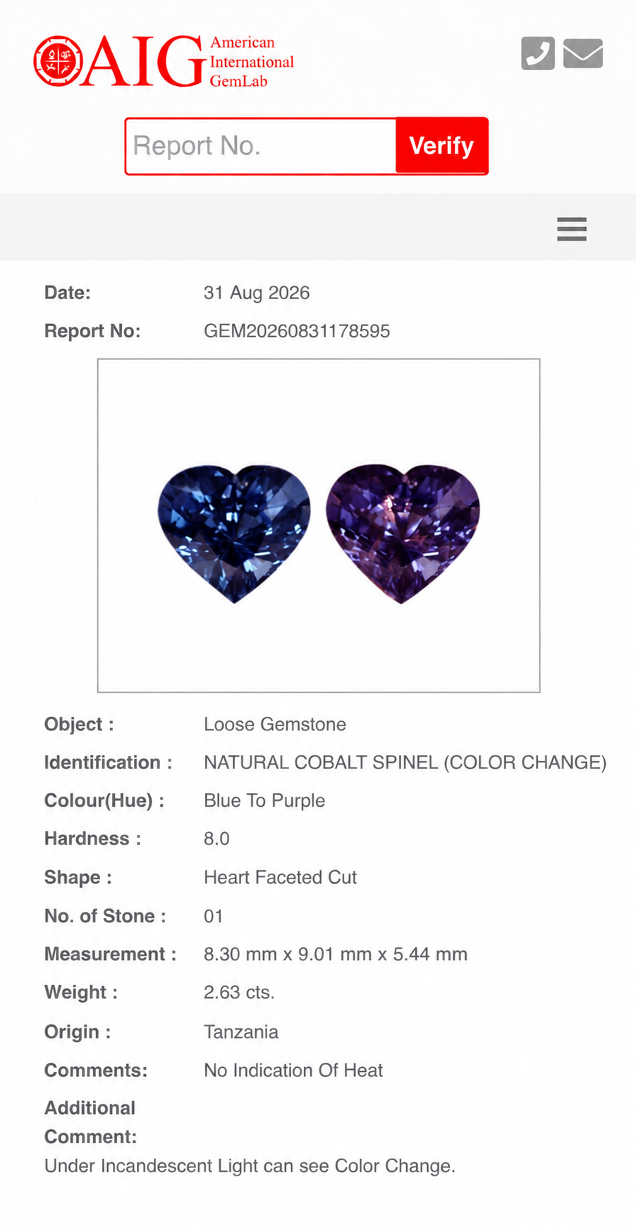 2.63 Carats Natural Cobalt Blue Spinel - Tanzania
(Blue-to-Purple Color Change)