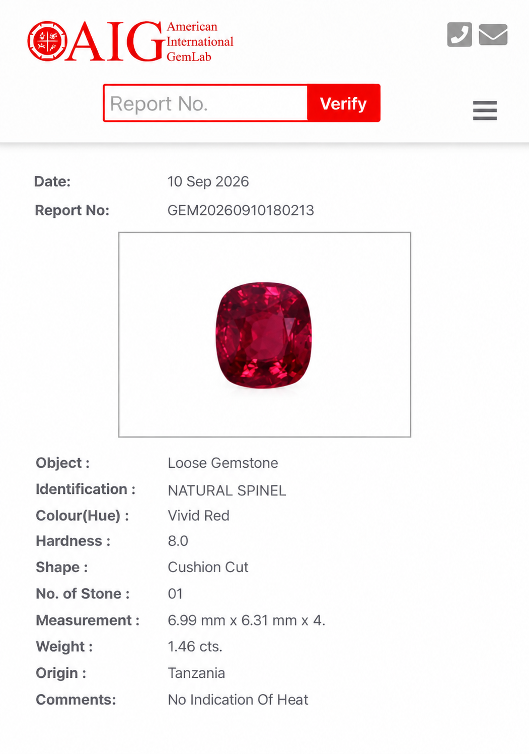 1.46 Carat Natural Vivid Red Spinel – Tanzania