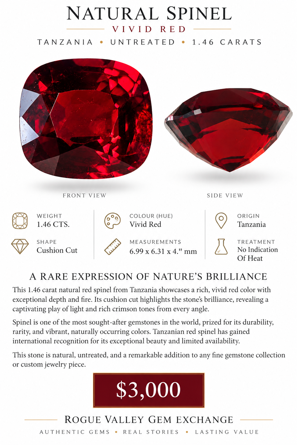 1.46 Carat Natural Vivid Red Spinel – Tanzania