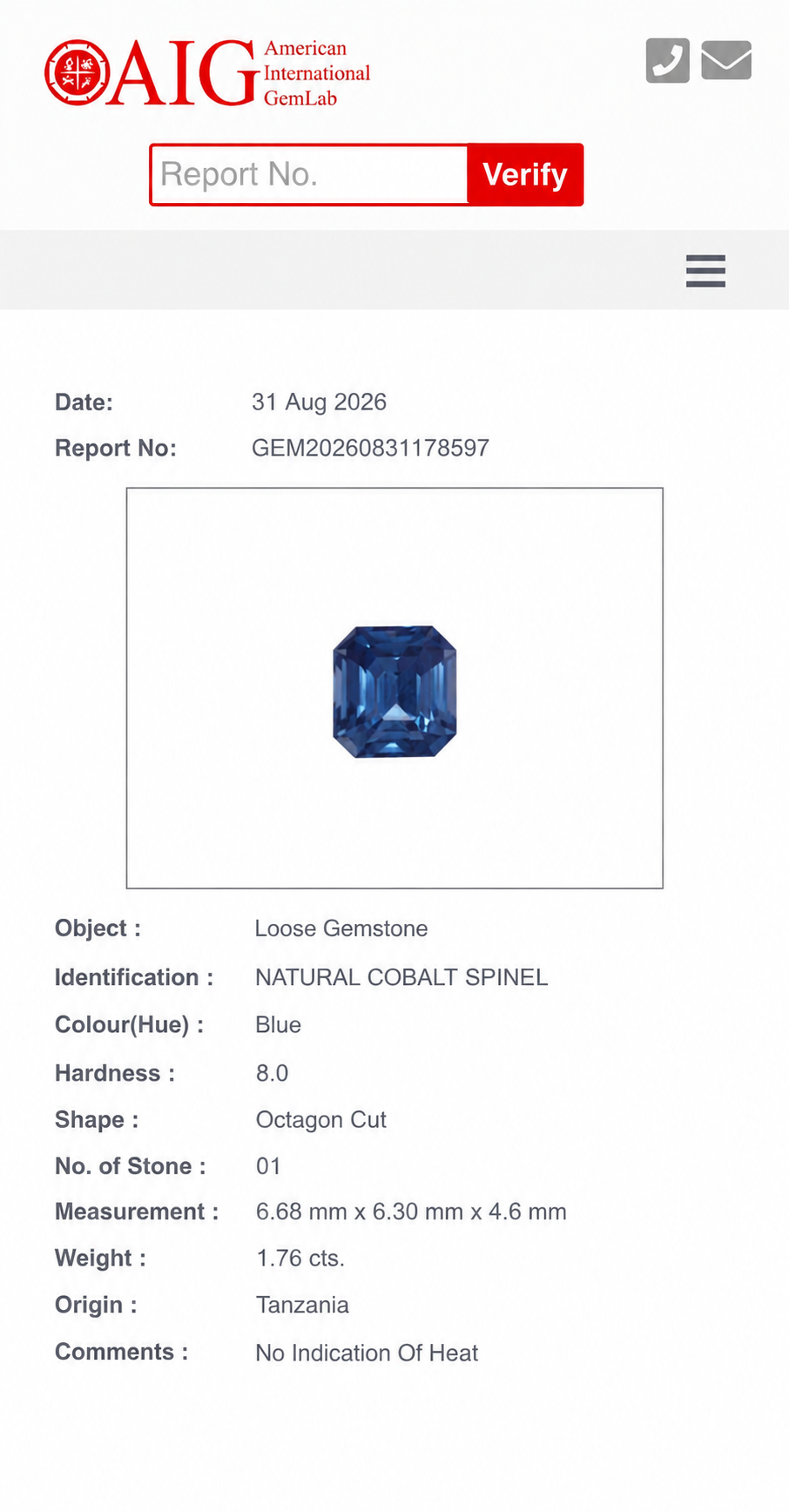 1.76 Carat Natural Cobalt Blue Spinel – Tanzania
