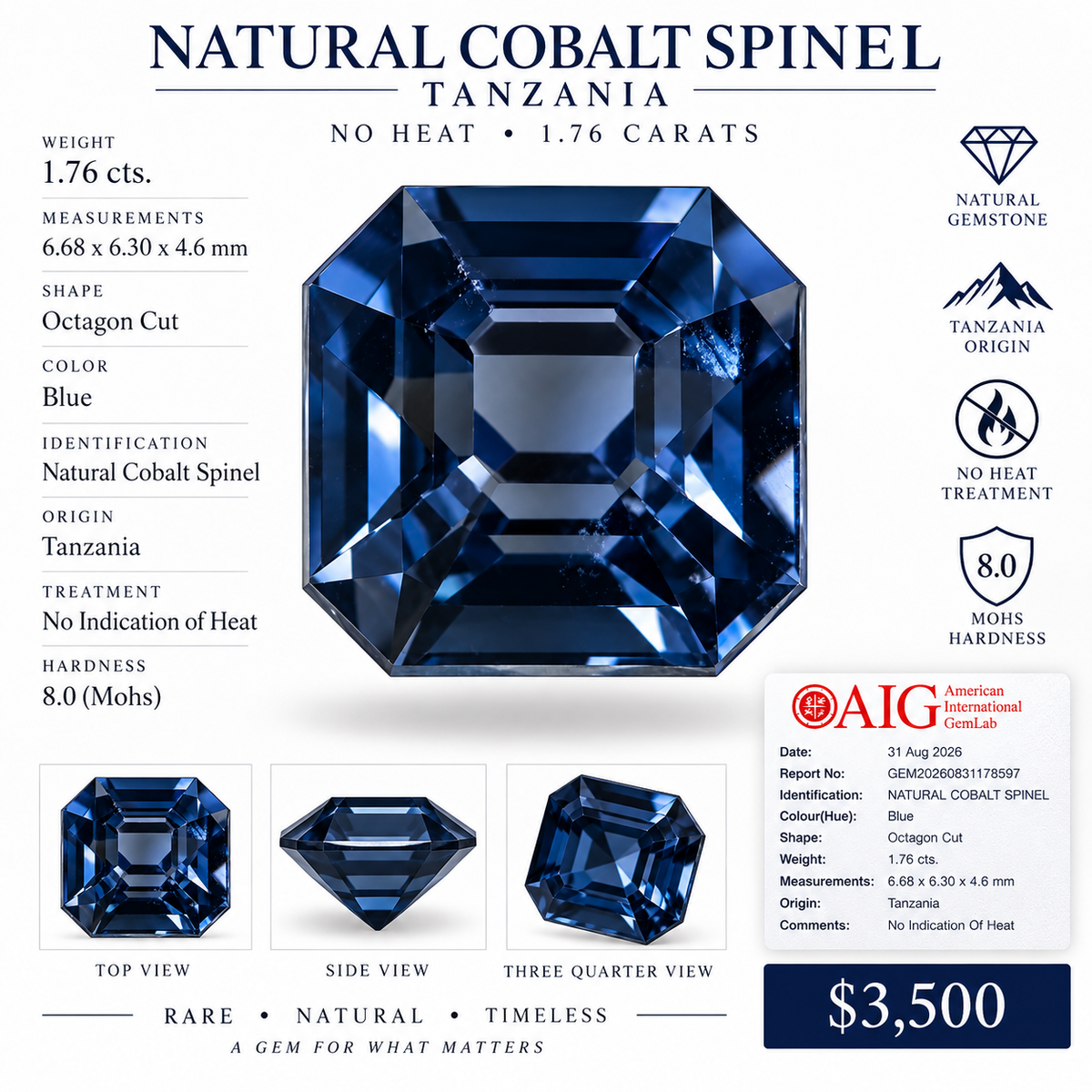 1.76 Carat Natural Cobalt Blue Spinel – Tanzania